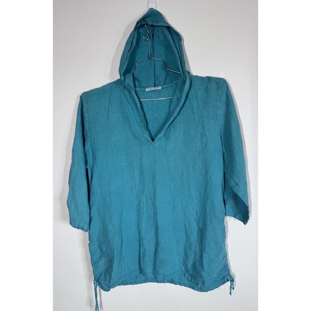 Russ Berens 100% Linen Teal  Malibu Pullover  Hoodie 3/4 Sleeves Size L Coastal